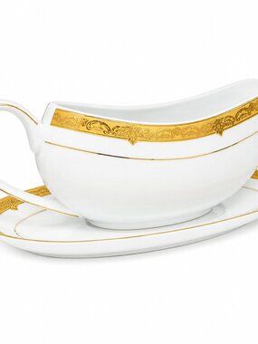 Elegant Gold & White Porcelain Gravy Boat with Underplate